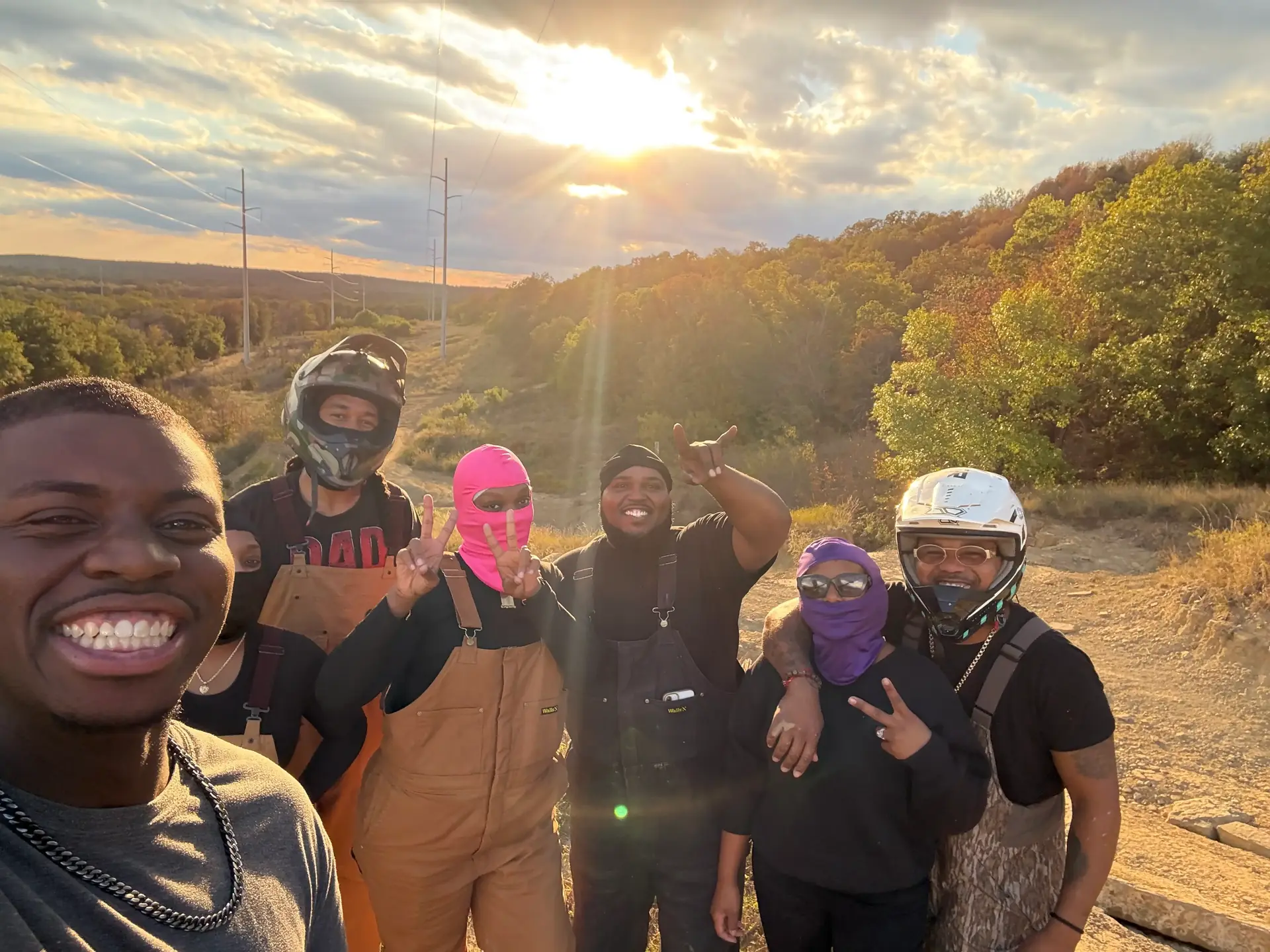 Sunset group selfie after Texas off-road adventure ride